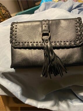Black faux-leather crossbody clutch